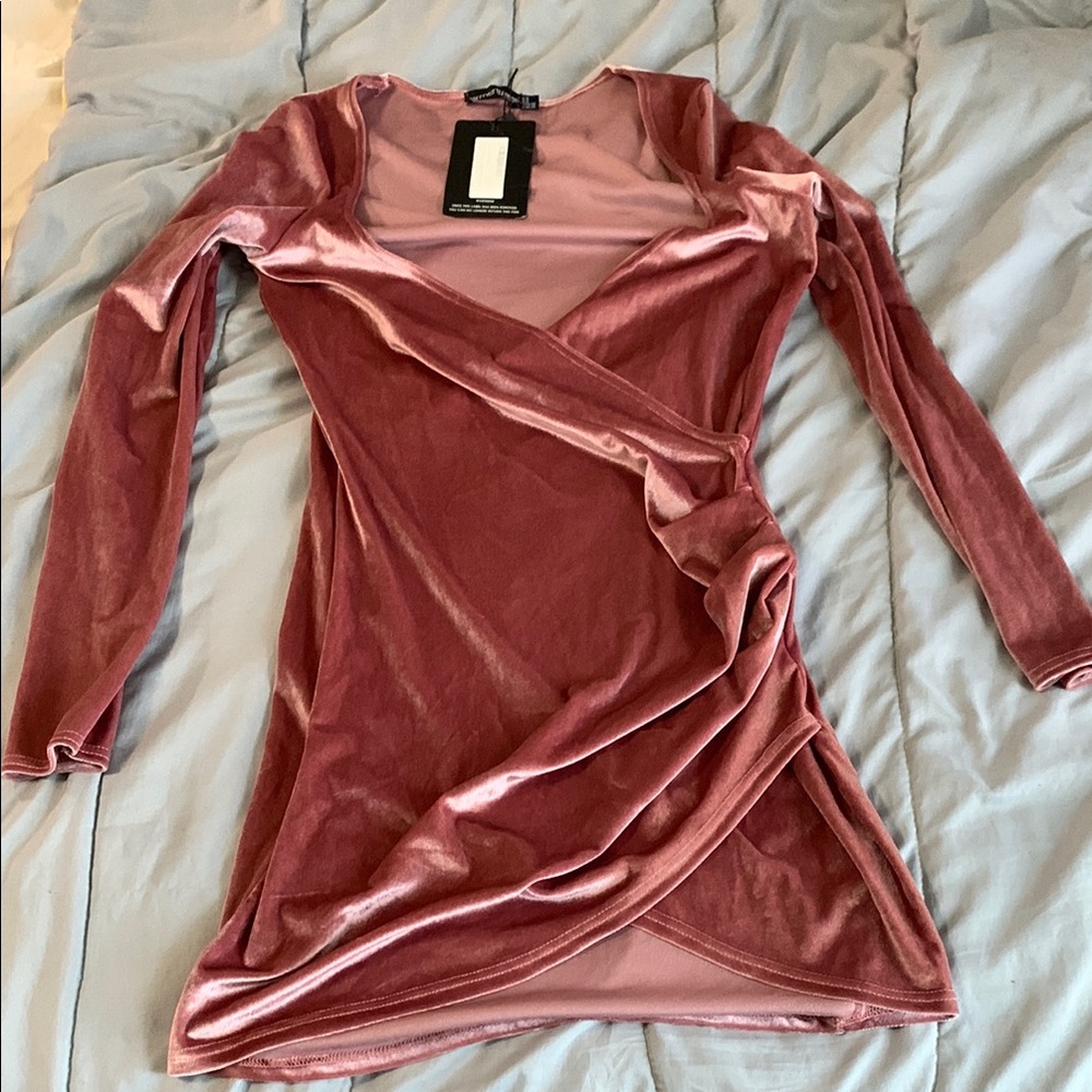 Stretchy Dusty Pink Velvet Wrap Dress